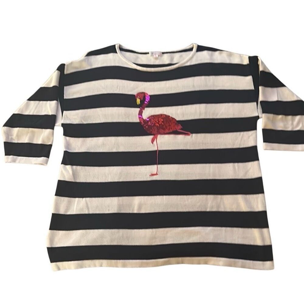 Cabana Cay Black White Striped Sequin Embellished Flamingo Sweater Top Ladies XL